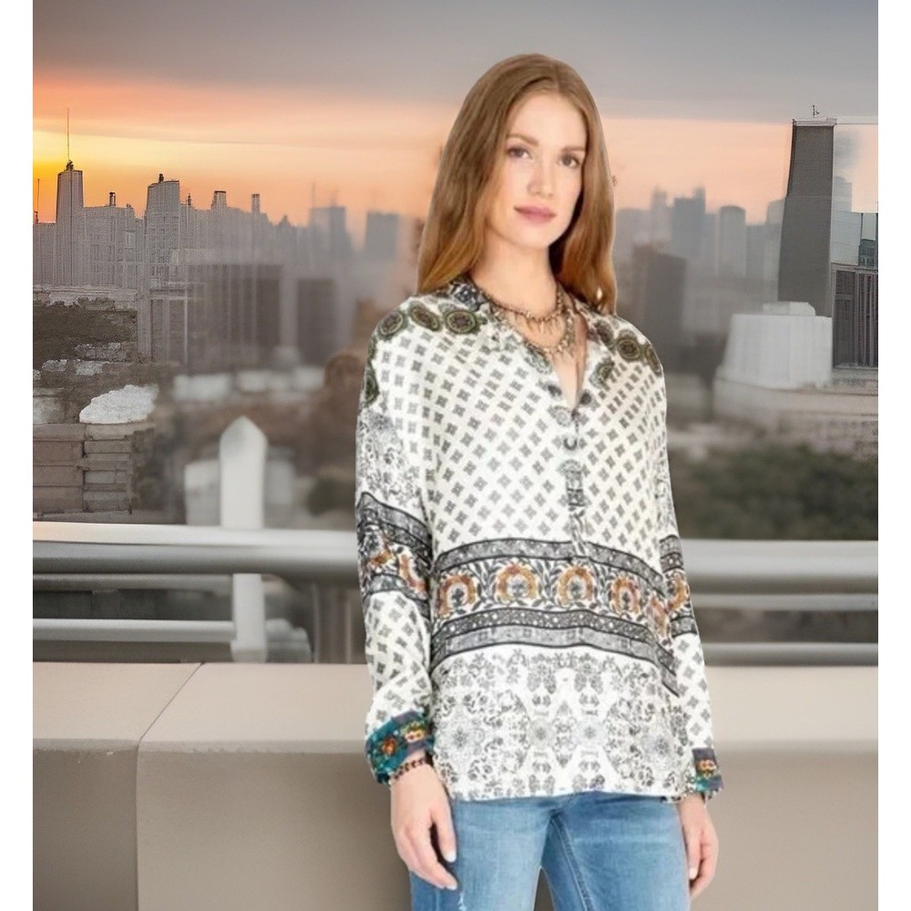 Johnny Was Corey Women Size XS Boxy Shirt Silk Floral Embroidered Cuffs Cream